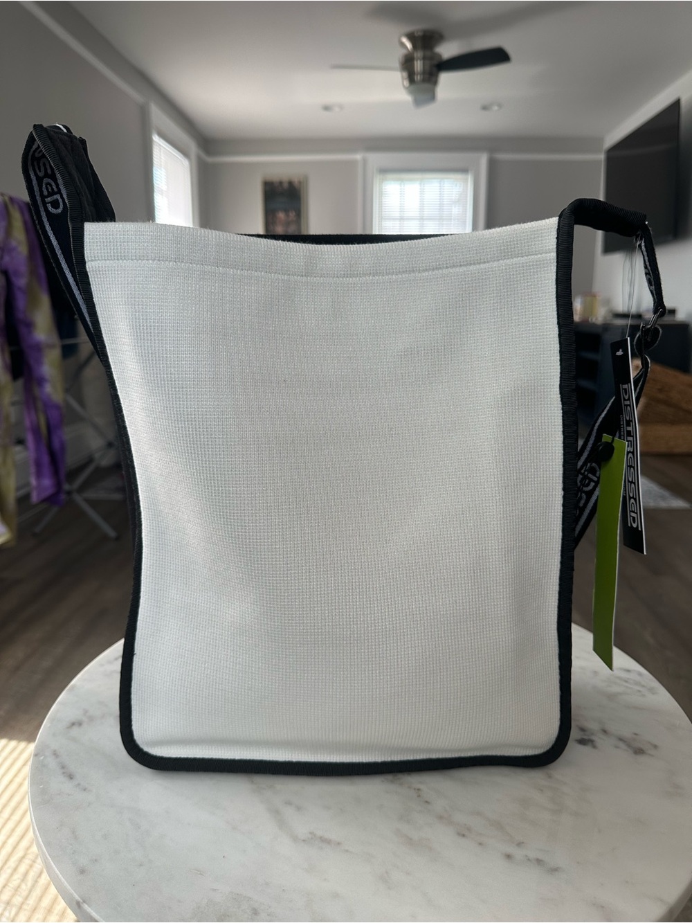 Distressed NYC Black & White Knit Messenger Crossbody Bag NWT